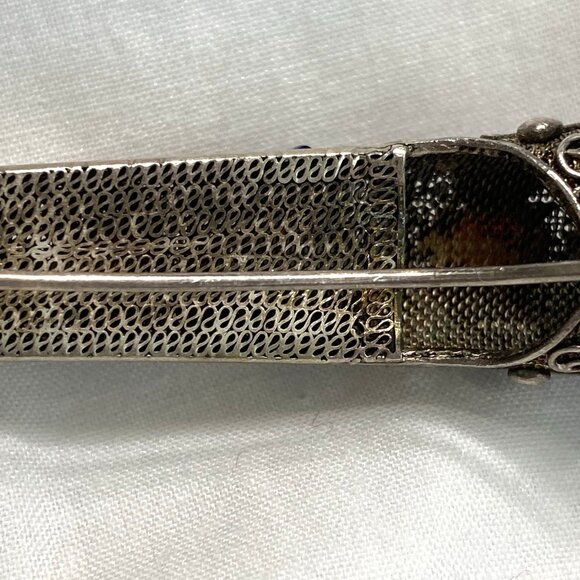 Antique Chinese Brooch Finger Nail Guard Pin Turquoise Coral Silver Mesh Asian - Picture 8 of 13